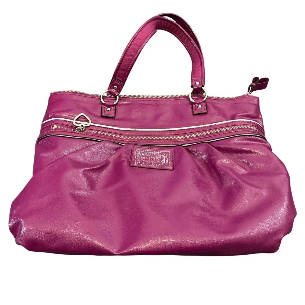 Coach Poppy Tote Bag Womens Large Purple Patent Leather F20004 Heart Charm